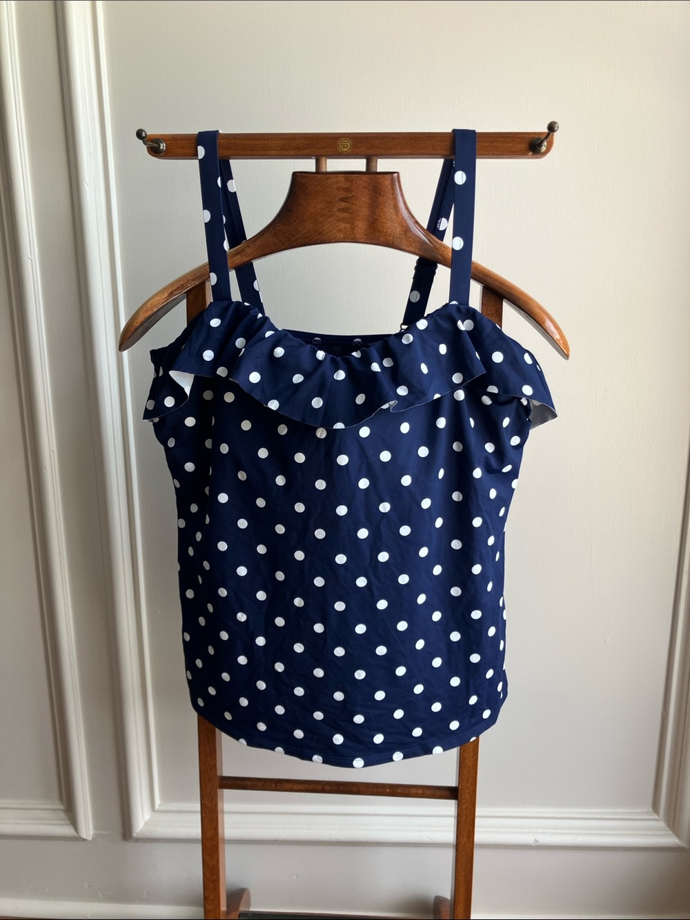 Lands' End Navy and White Polka Dot Ruffle Strap Camisole